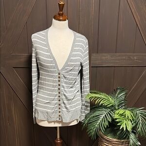 Gray Striped Cardigan with Gold Buttons